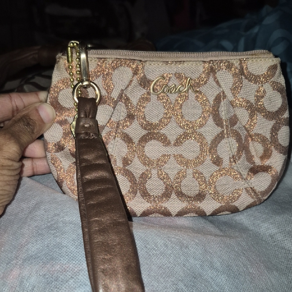 Coach Ashley Tan and Gold Signature Wristlet